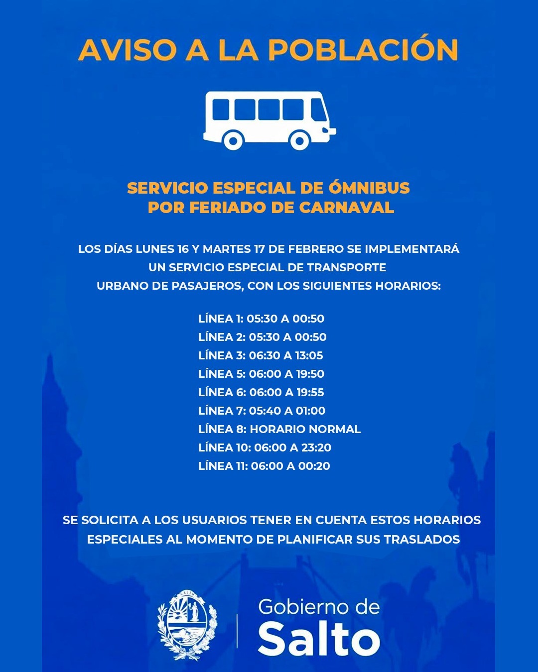 Habrá servicio especial de  ómnibus por feriados de carnaval